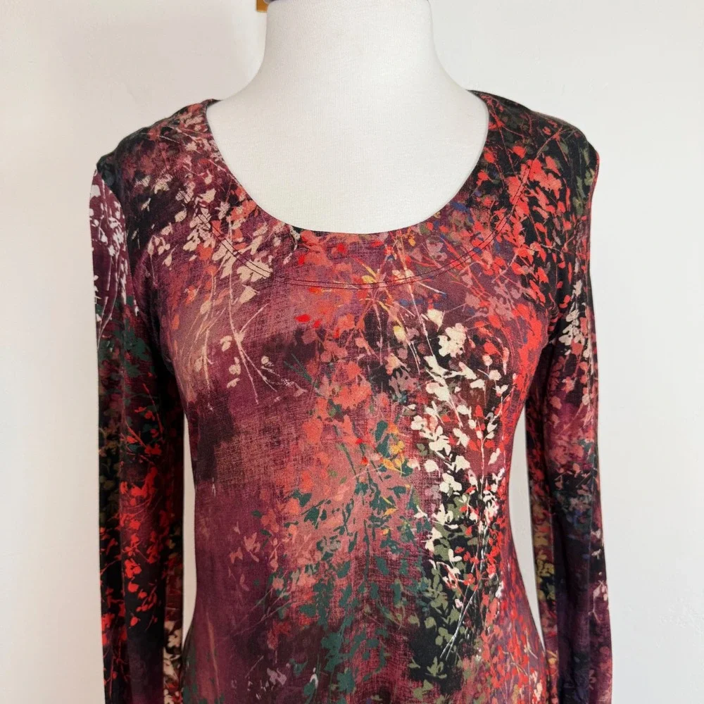 Peruvian Connection Floral Print Tunic Dress Burgundy Small Boho Art To Wear - Picture 2 of 13